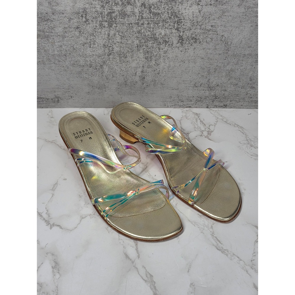 Stuart Weitzman Focus Gold Iridescent Holographic Kitten Heel Sandals 7M Y2K - Picture 3 of 12
